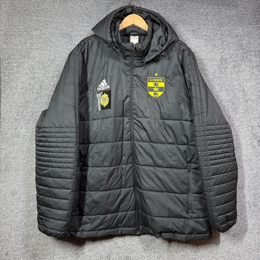 Adidas Jacket Mens 3XL Black Hooded Full Zip Puffer Insulated Coat Soccer Lions